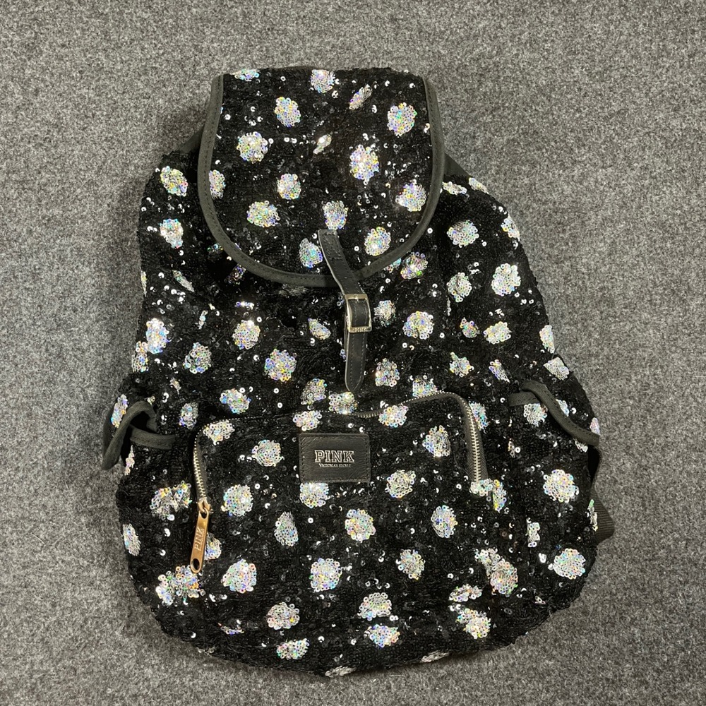 Victoria's‎ Secret PINK Sequin Polka Dot Festival Backpack Black Silver Sparkle